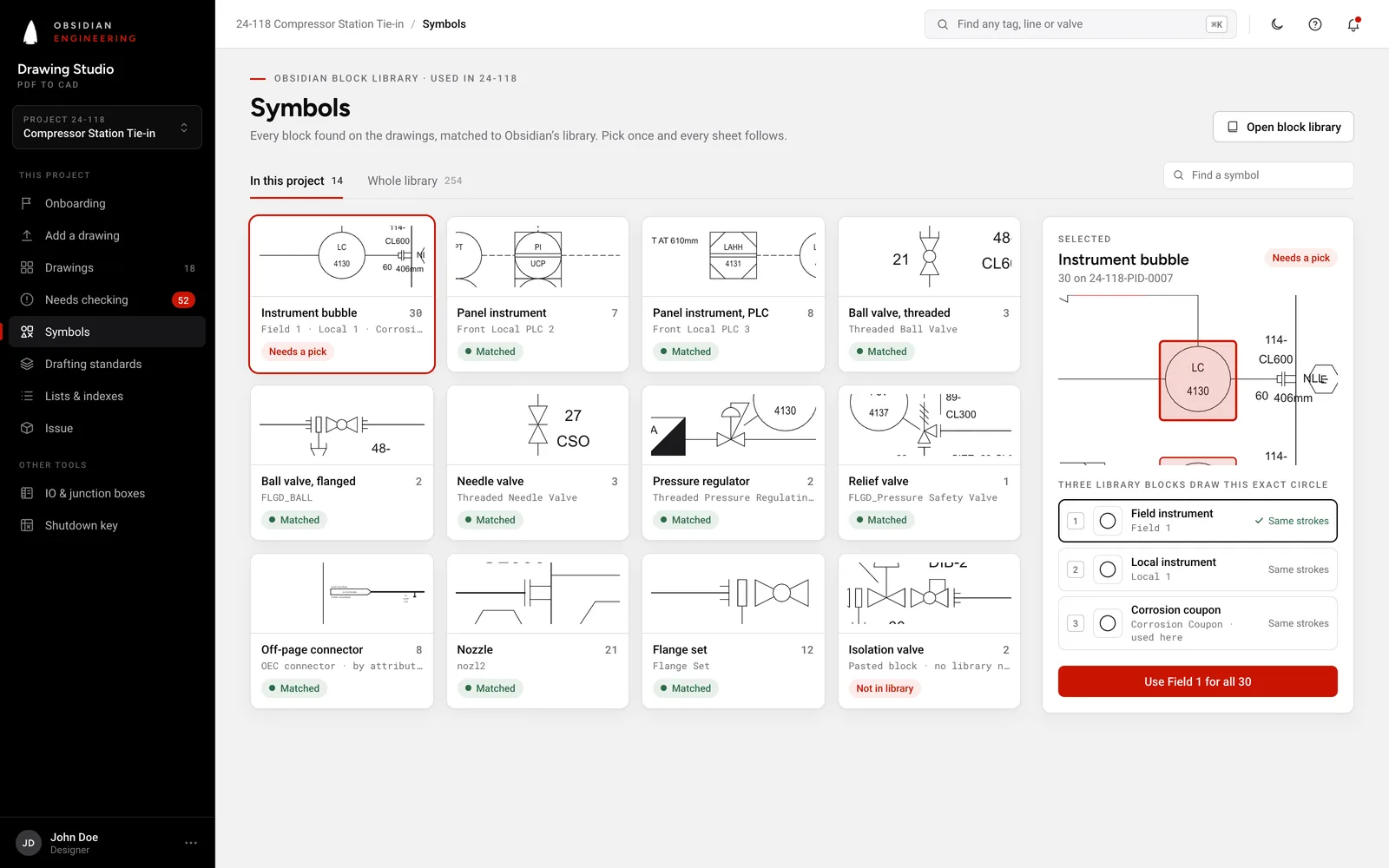 Drawing Studio: matching symbols to the block library